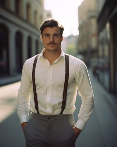 Gray Trousers with White Shirt and Suspenders
